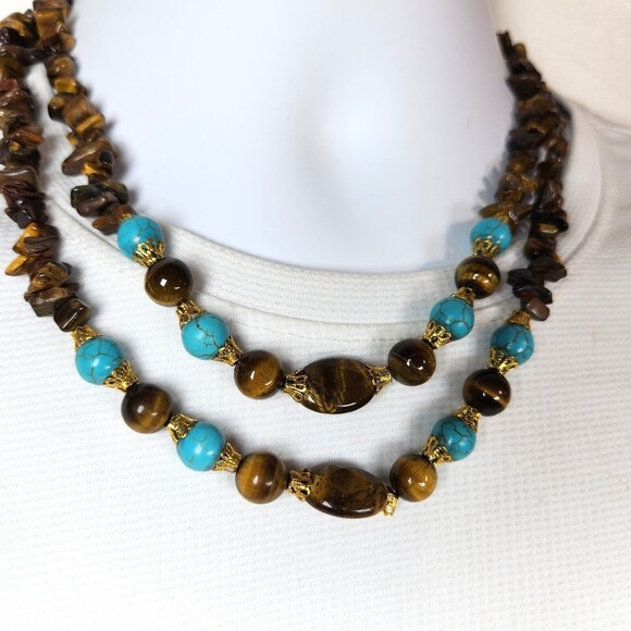 Gemstone Tiger Eye Beaded Necklace 19 in. Double Strand Earthy Boho Healing - Picture 9 of 9